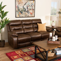 Baxton Studio RR5227-Dark Brown-Sofa Baxton Studio Beasely Modern and Contemporary Distressed Brown Faux Leather Upholstered 3-Seater Reclining Sofa